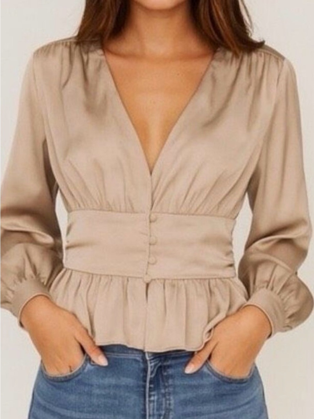 Jason Wu Beige Button-Front Peplum Blouse